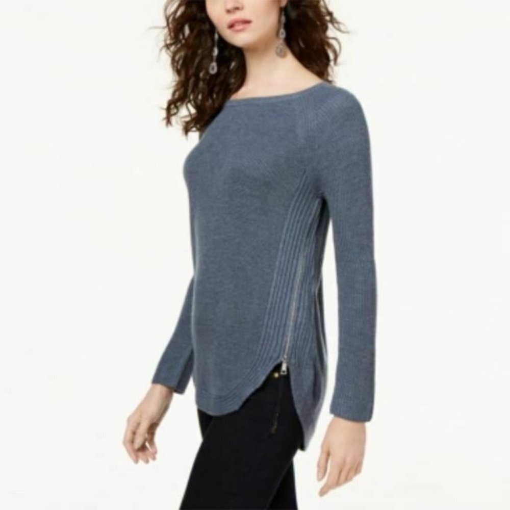 INC Rib Zipper Detail Mini Waffle Crew Neck Wool Blend Sweater Blue Women Size S